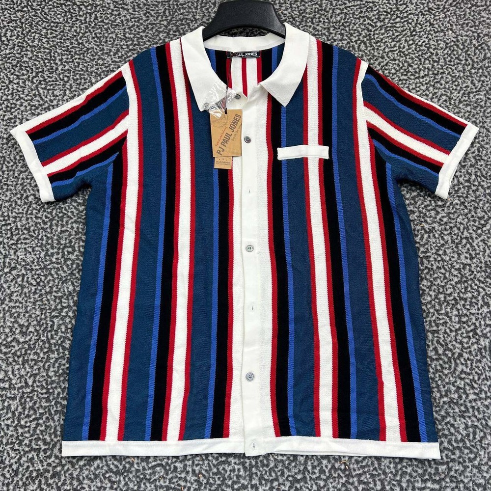 PJ Paul Jones Shirt Men Large Striped Button Up Short Sleeve Collared Knit‎ New